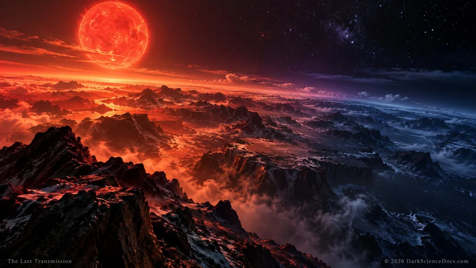 Conceptual science artwork: A speculative view of a planet closely orbiting a red dwarf, with a permanent twilight region separating an illuminated hemisphere from a dark one.