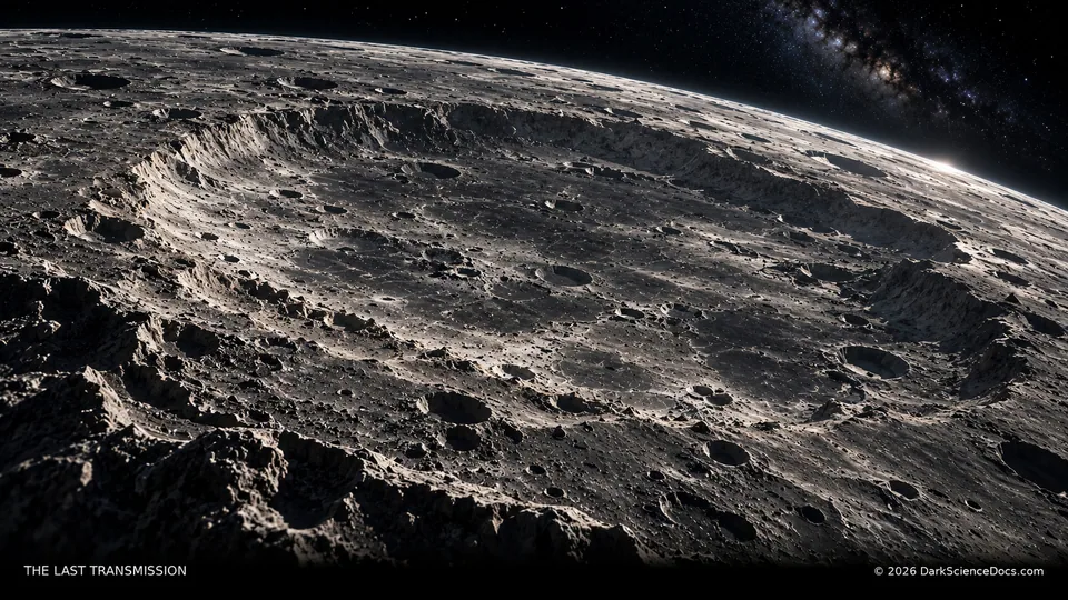 Conceptual science artwork: An imagined ancient lunar-basin landscape evokes the South Pole–Aitken question.