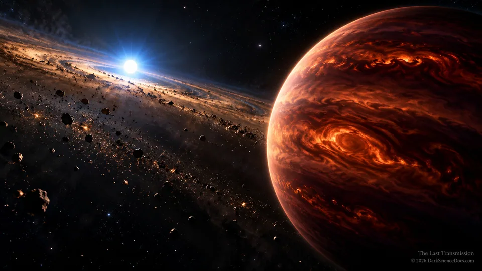Conceptual science artwork: Beta Pictoris b orbits within a young system containing a dusty debris disk.
