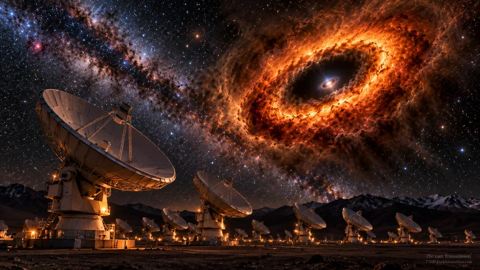 Conceptual science artwork: ALMA’s antennas in the Chilean Andes, with an imagined distant glow representing Sakurai’s Object.