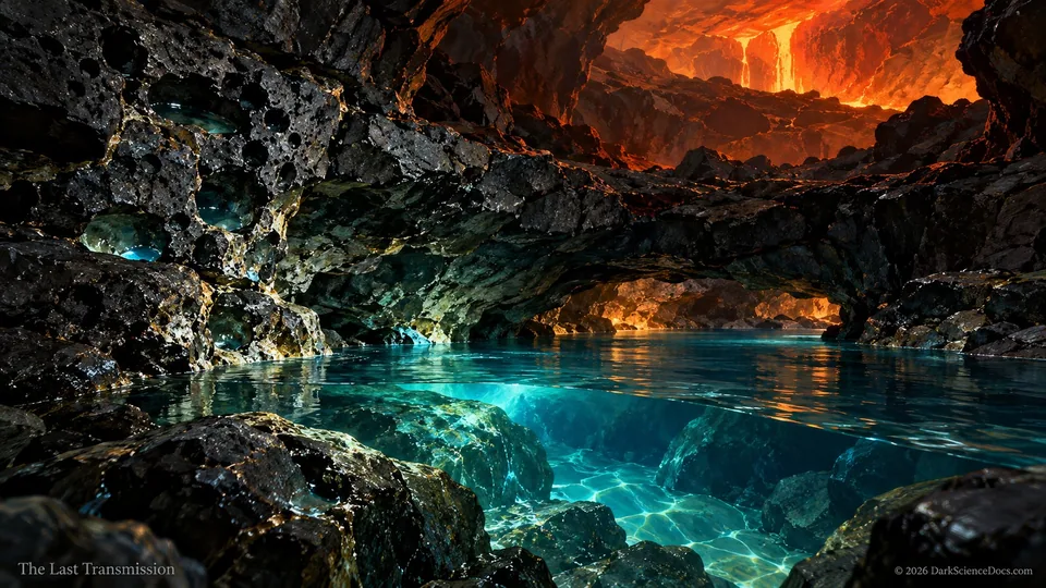Conceptual science artwork: A possible refuge for prebiotic chemistry: sheltered water and fractured rock beneath a hostile landscape.