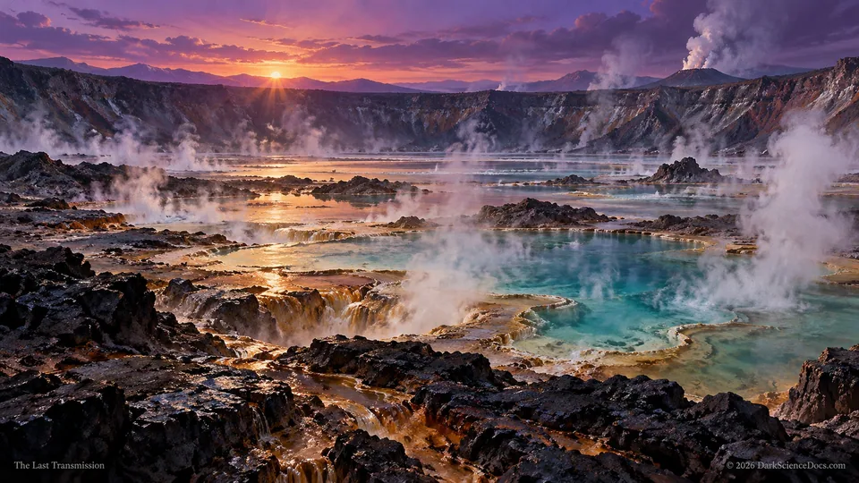 Conceptual science artwork: An impact basin after the catastrophe: residual heat and circulating water can produce hydrothermal environments.