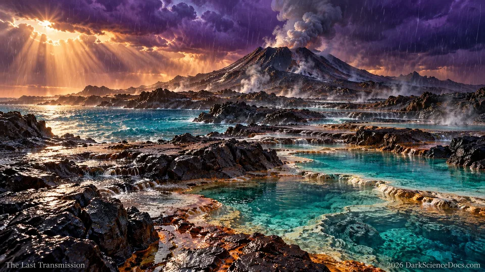 Conceptual science artwork: Volcanic rock, rainfall, mineral chemistry, and changing water levels are ingredients in proposed routes toward RNA.
