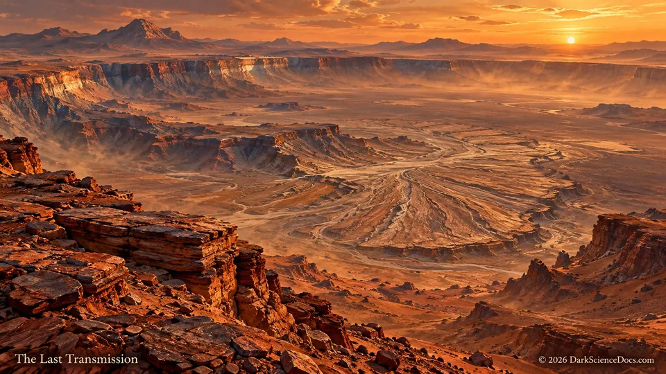 Conceptual science artwork: A dry Martian basin preserves the memory of water.