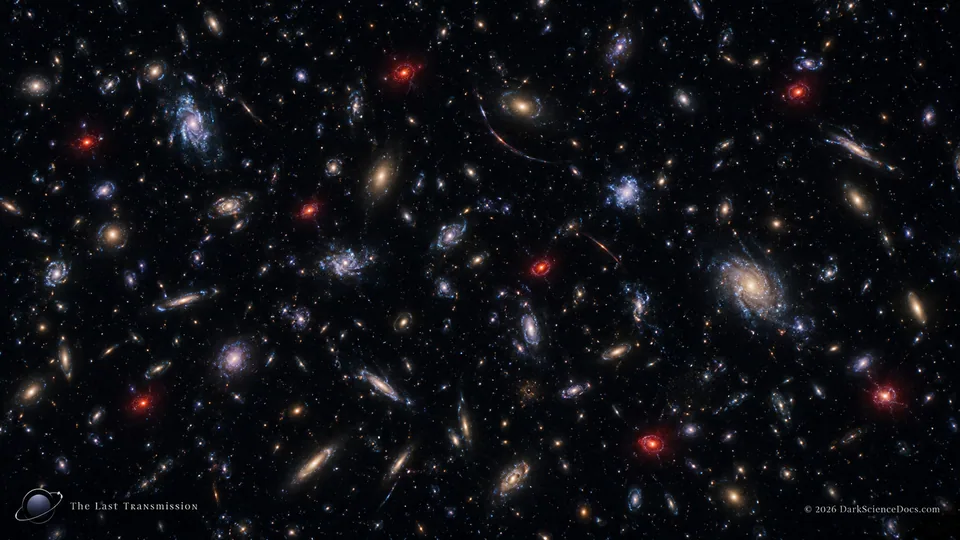 Conceptual science artwork: Compact red sources stand out in an imagined deep field.