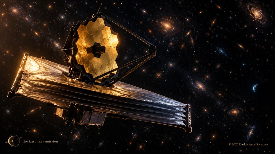 Conceptual science artwork: An artistic view of Webb, whose infrared instruments reveal spectral clues in ancient light.