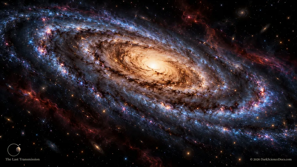 Conceptual science artwork: A generic spiral galaxy evokes the question of what early growth became.