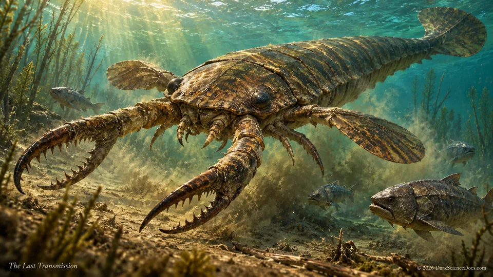 Conceptual science artwork: An artistic reconstruction evokes the giant Early Devonian eurypterid Jaekelopterus.