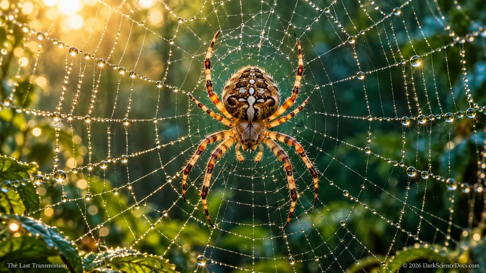 Conceptual science artwork: A modern orb-weaver rests on an illustrated capture web.