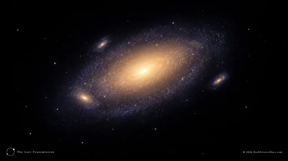 Conceptual science artwork: A speculative island of bound galaxies beneath an almost empty extragalactic sky.