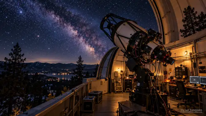 Conceptual AI artwork: A cinematic observatory scene evokes the patient search for rapid changes in incoming starlight.