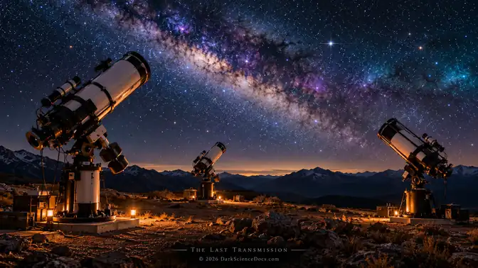 Conceptual AI artwork: Three imagined telescopes illustrate a proposed test at separated observing positions.