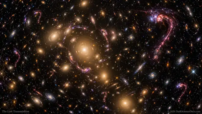 Conceptual AI artwork: The Cluster Behind a Cosmic Question Mark