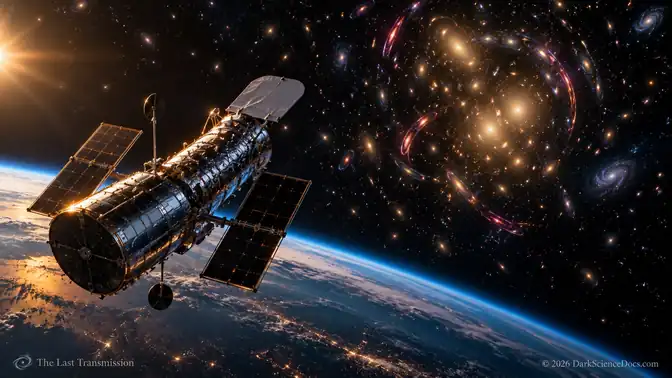 Conceptual AI artwork: A Telescope Waiting for Delayed Light