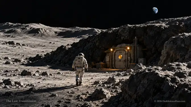 Suited explorer approaching an illuminated imagined lunar shelter