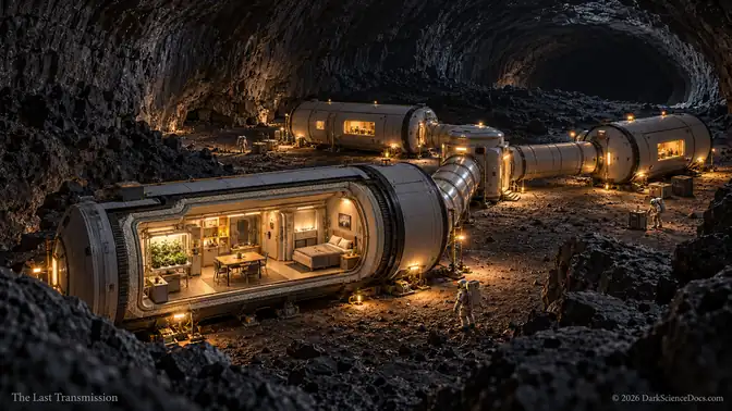 Artistic cutaway of sealed habitat modules inside an imagined lunar lava tube
