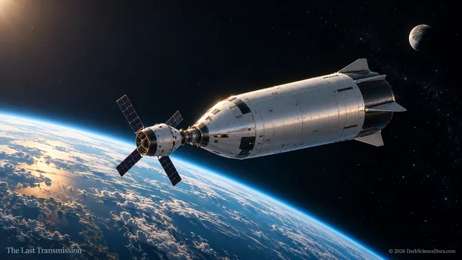 Conceptual crew spacecraft and larger vehicle near Earth, representing possible deep-space transfer arrangements
