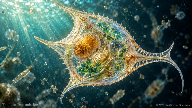 Conceptual microscopy-inspired depiction of a tiny intricate microbial cell among organic structures