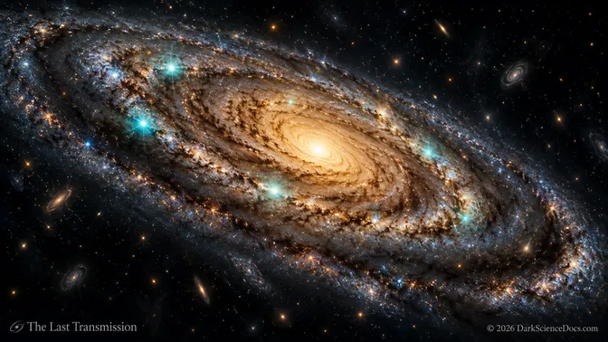 Conceptual spiral galaxy with subtle turquoise points representing imagined faint compact sources within its disk