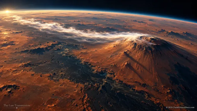 Conceptual sunrise over a large Martian shield volcano and thin high-altitude water-ice cloud