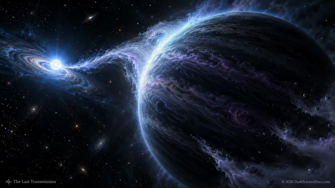 Artist&rsquo;s conception of a dark giant world with atmospheric gas streaming toward a compact bright stellar remnant