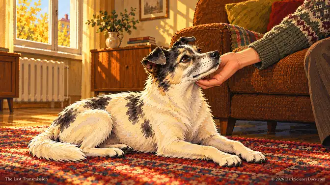 Conceptual AI illustration: an imagined older Laika at home, a life she never lived