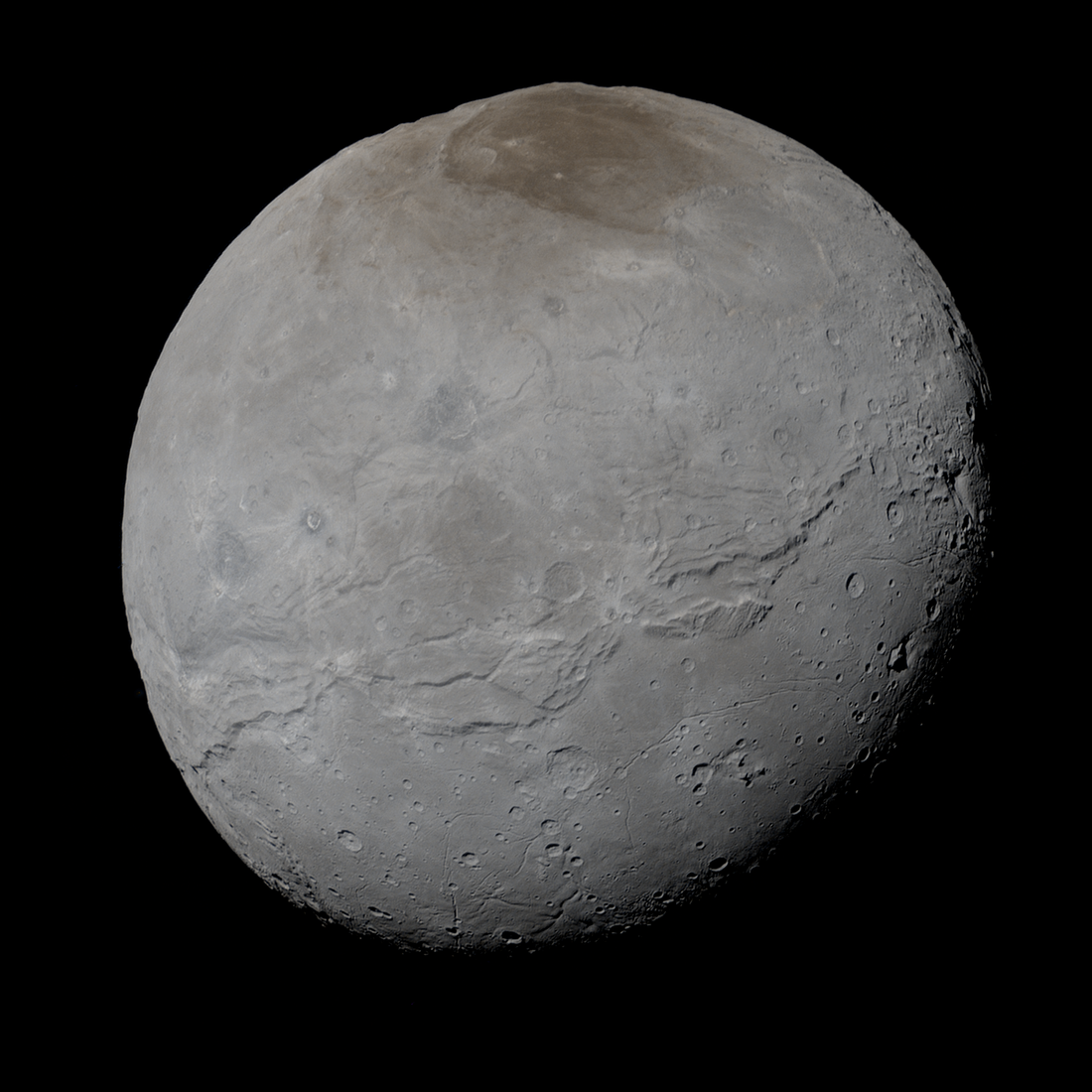 Natural-color New Horizons view of Charon showing its subtle darker northern polar region