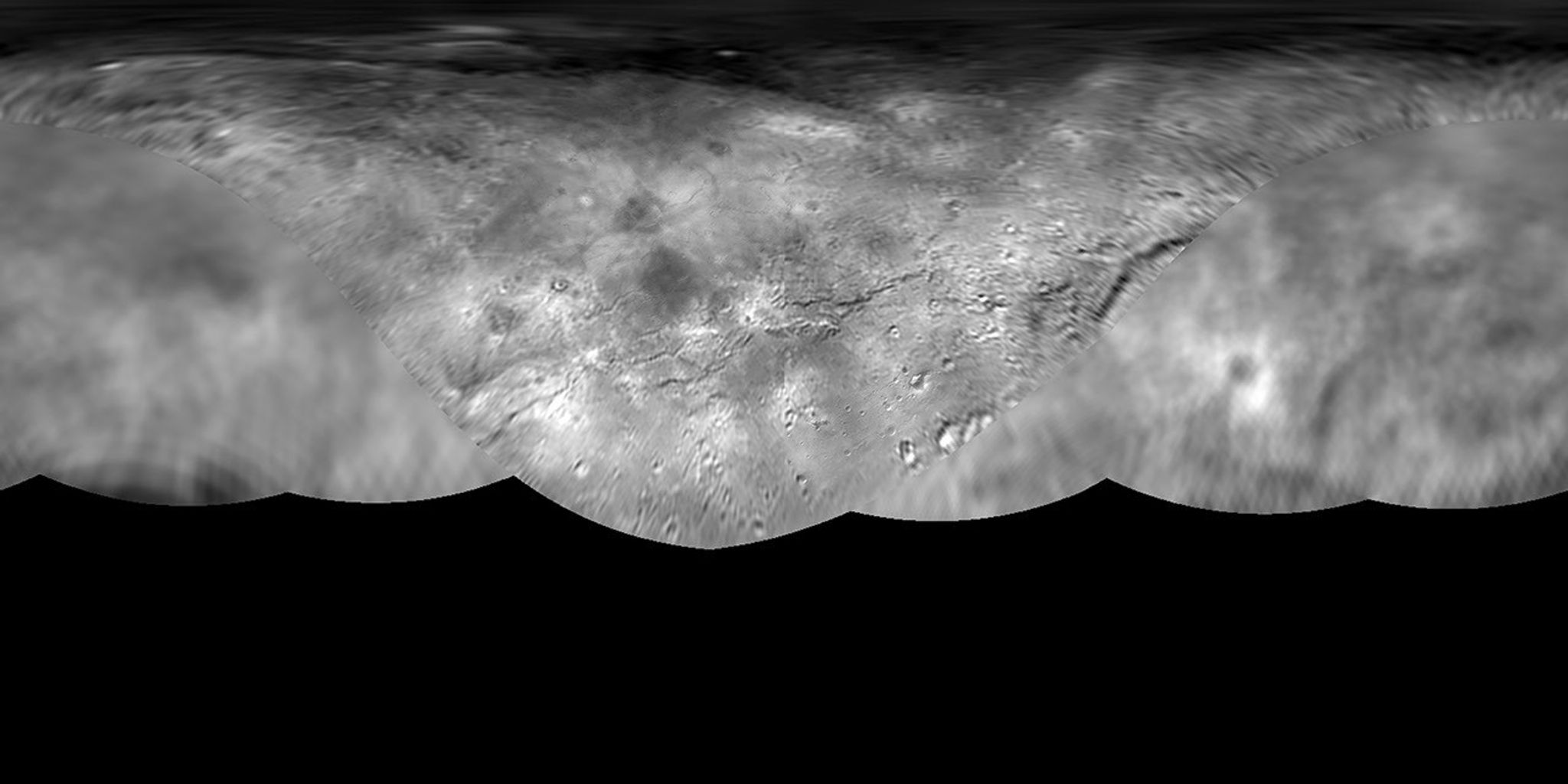 Original New Horizons Charon global monochrome mosaic with black areas marking missing coverage