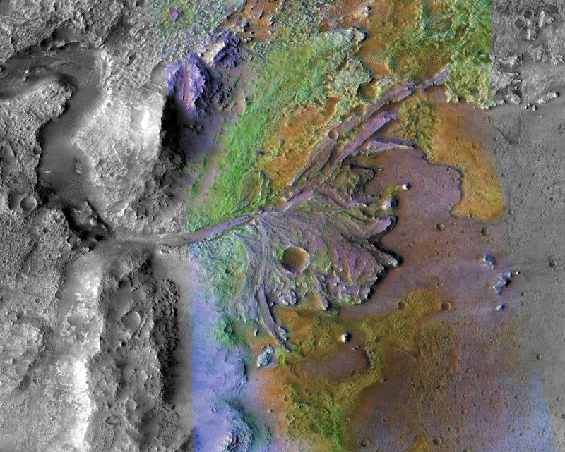 Enhanced-color orbital view of the Jezero delta, NASA/JPL-Caltech/ASU