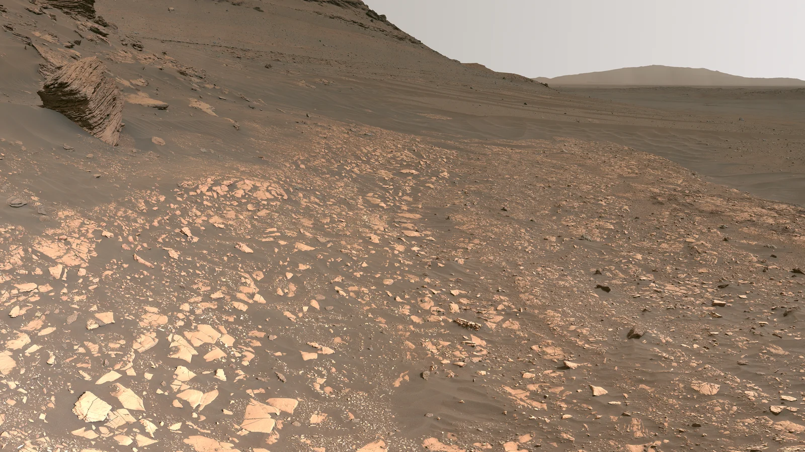Detail from a recorded enhanced-color panorama of Jezero’s delta landscape, NASA/JPL-Caltech/ASU/MSSS