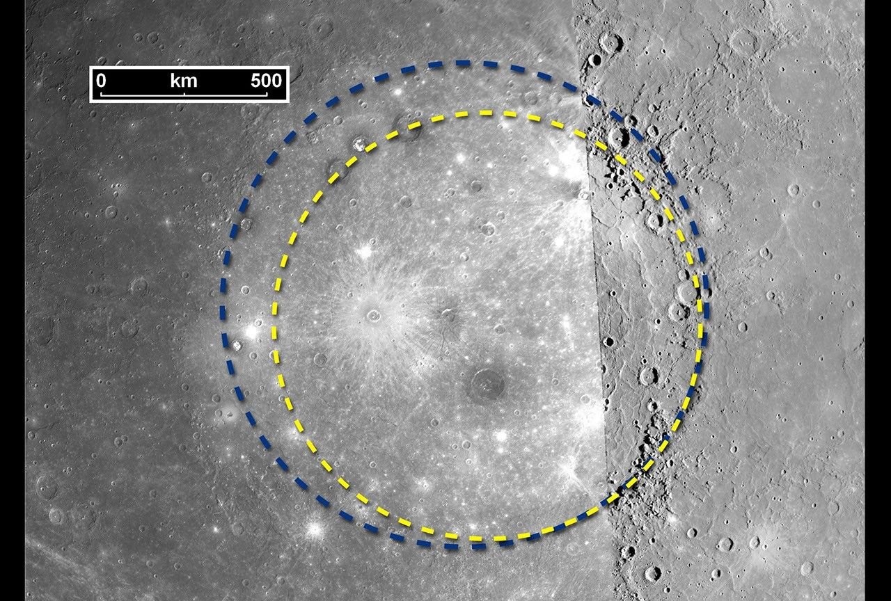 Combined Mariner 10 and MESSENGER Caloris Basin mosaic with a visible seam and basin-rim annotations