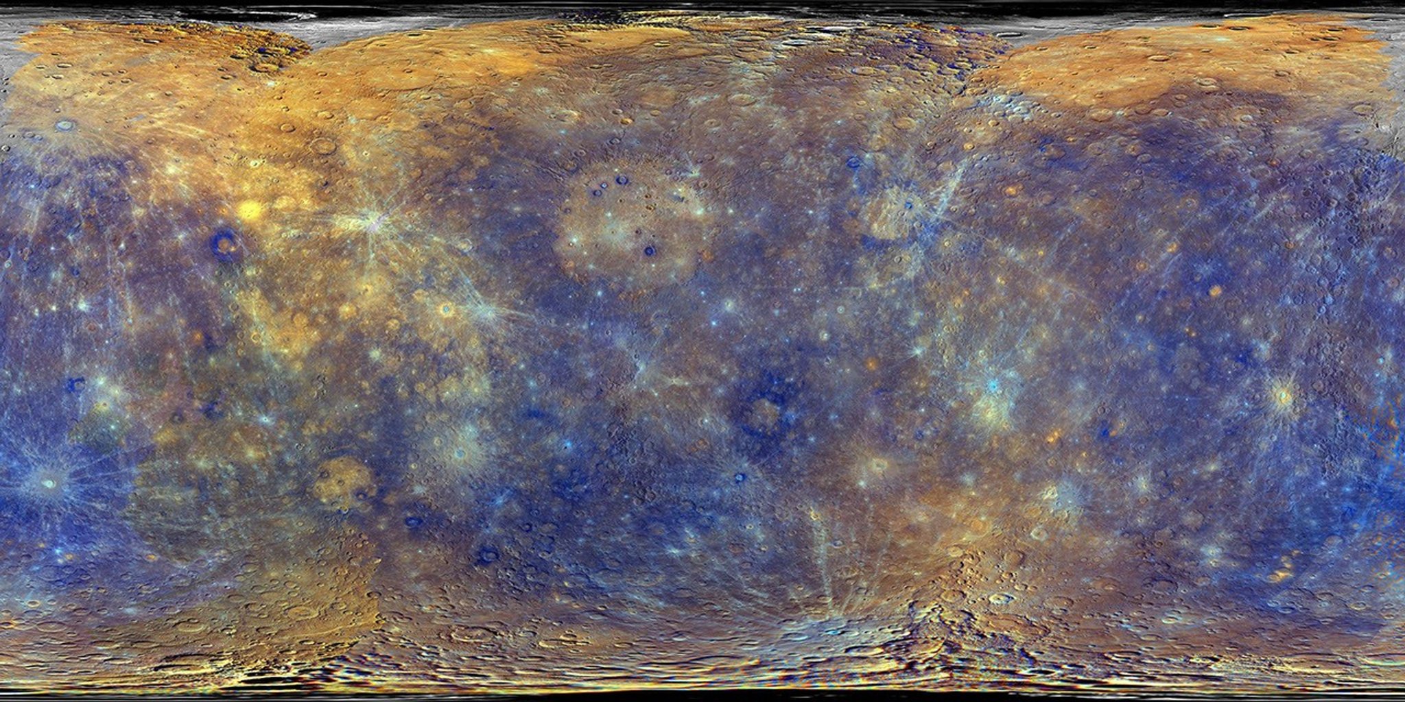 MESSENGER global Mercury mosaic in enhanced colors, displayed as a flat cylindrical map