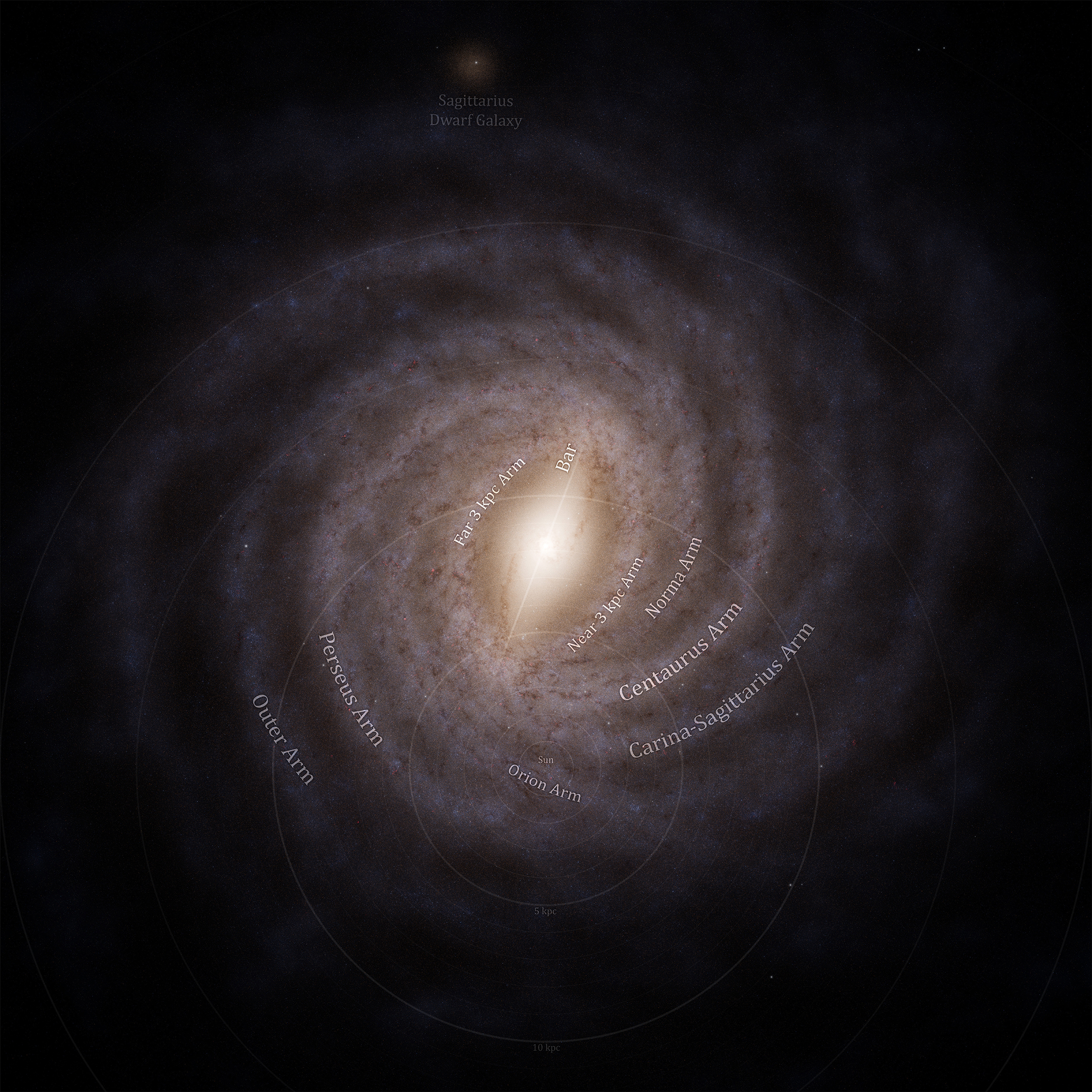 ESA Gaia-informed face-on artist impression of the Milky Way with the spiral arms and Sun labelled