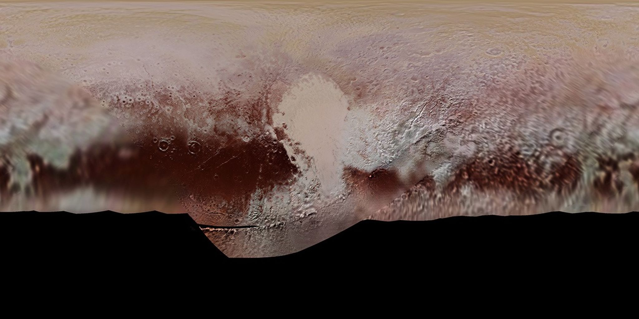 Original New Horizons Pluto global color mosaic with black areas marking missing coverage