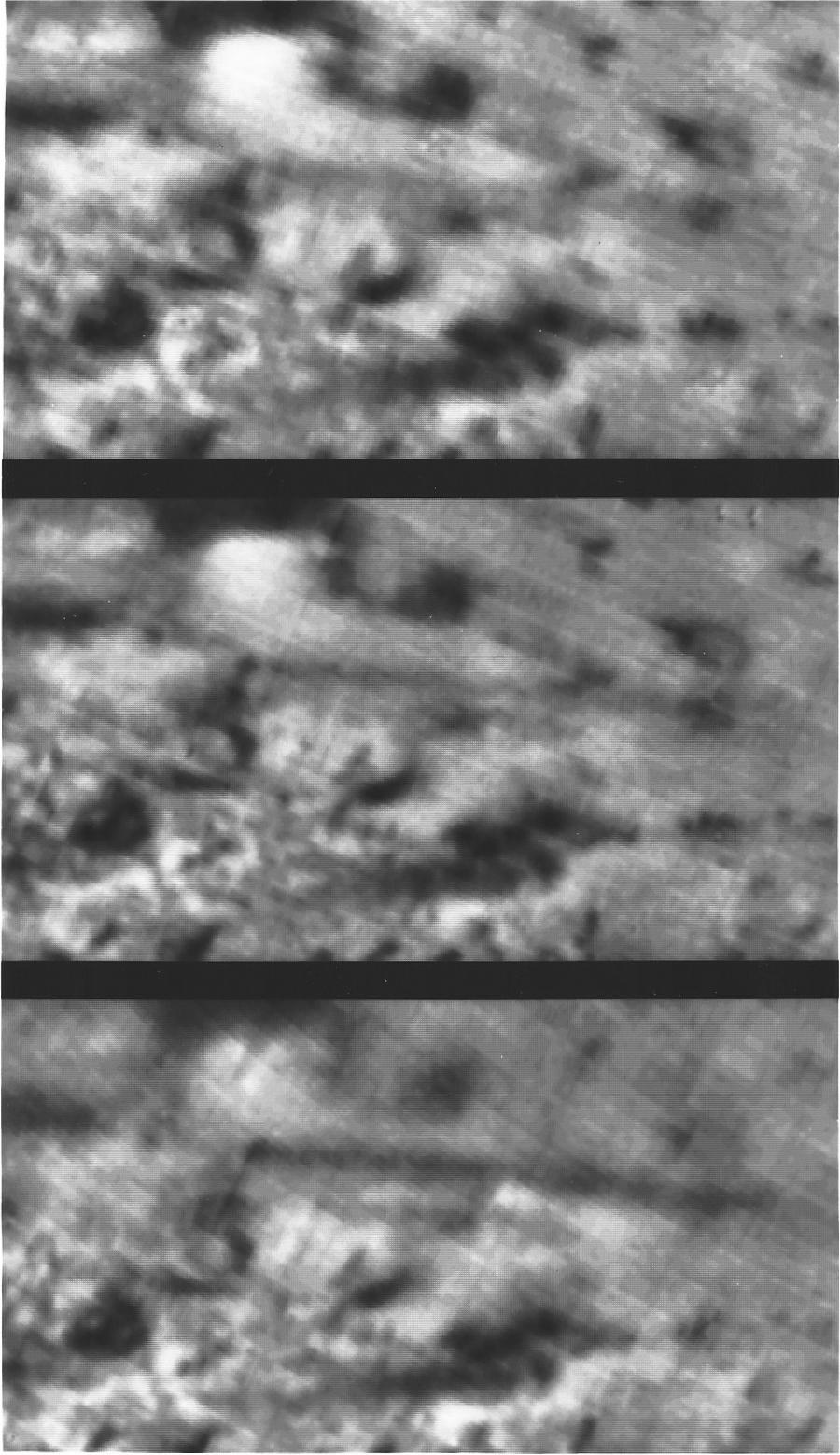 Three sequential Voyager 2 frames of a plume rising above Triton’s surface and drifting in its thin atmosphere
