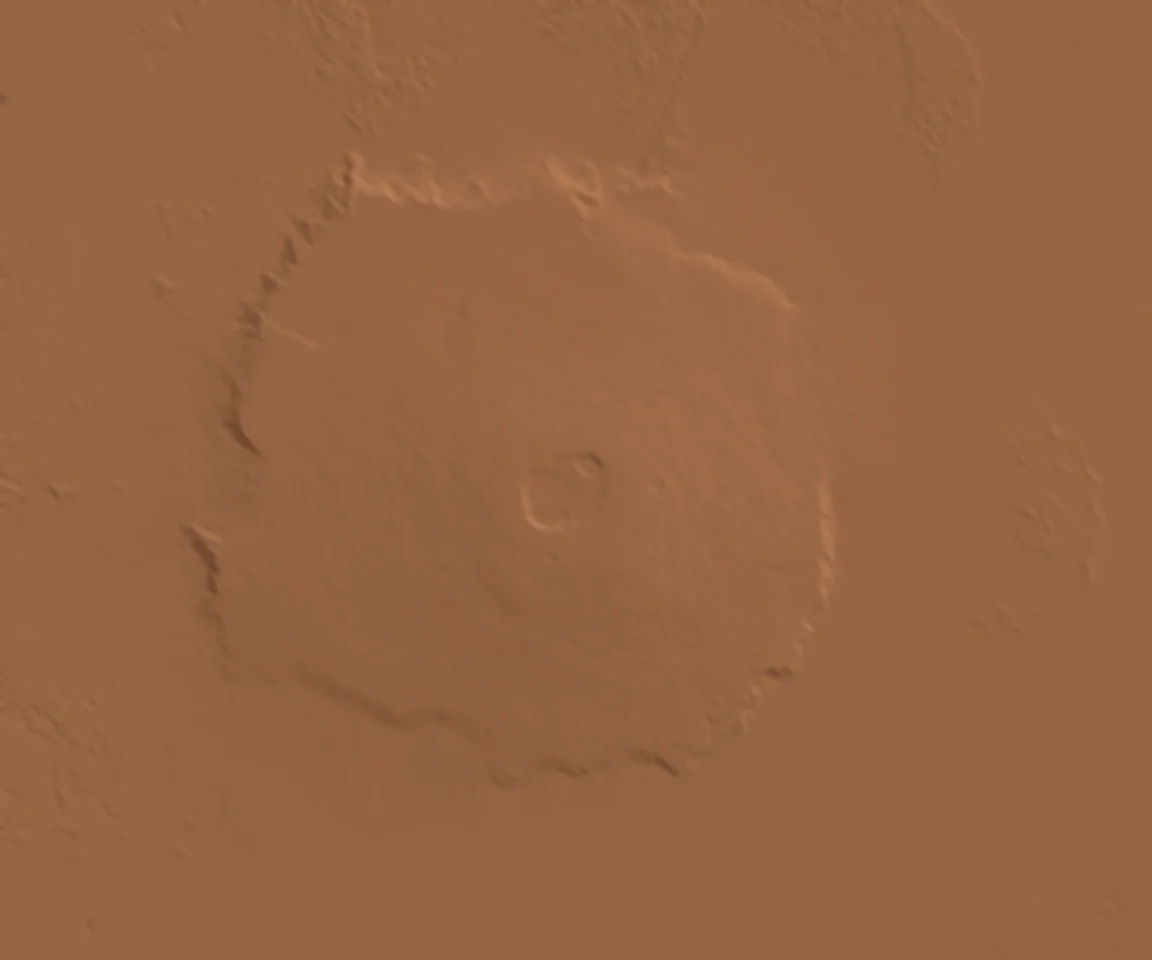 Shaded MOLA elevation map of Olympus Mons and its surrounding plains; a topographic visualization, not a photograph