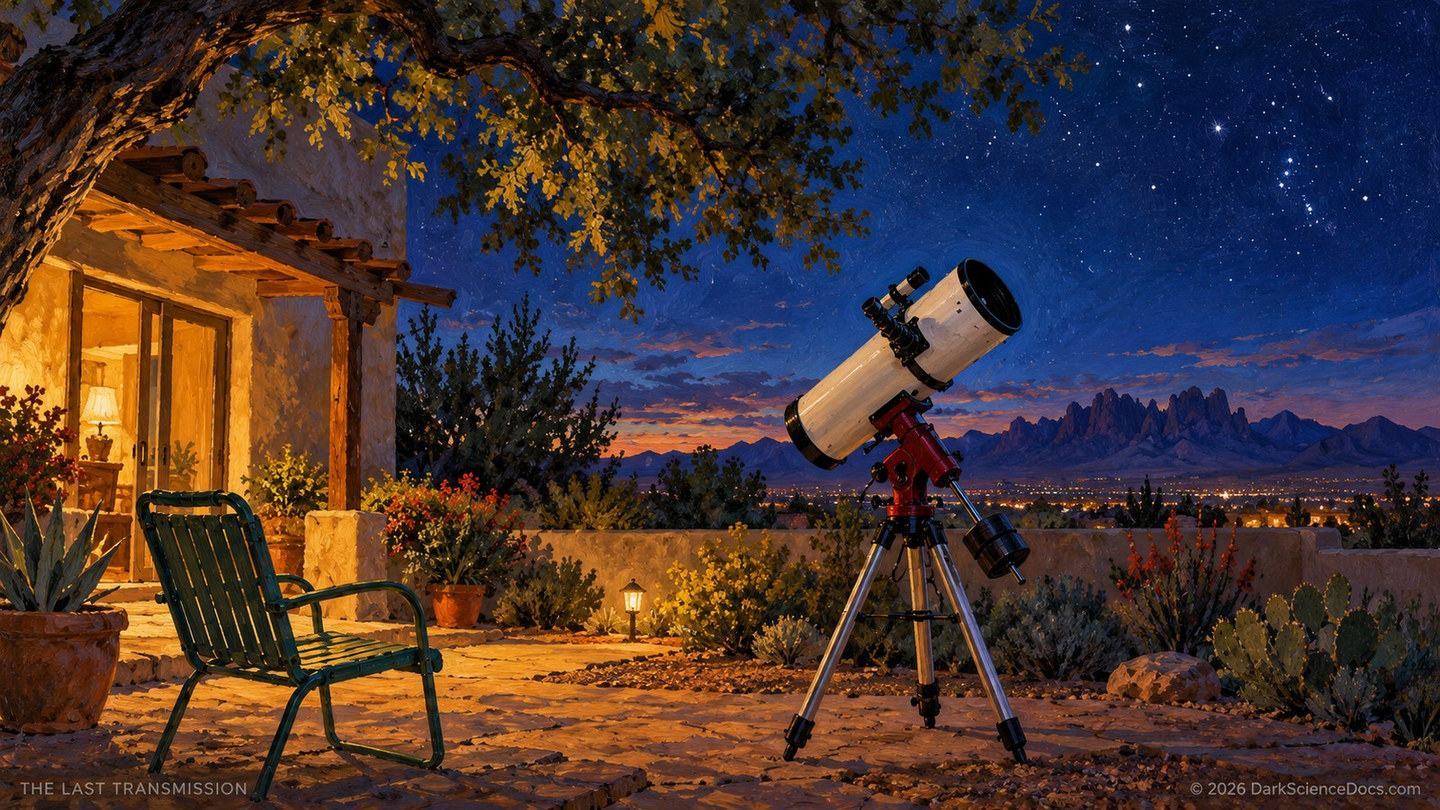An empty telescope beneath the evening sky echoes the family memories explored in the documentary. A symbolic AI-generated illustration, not a photograph of a documented moment.