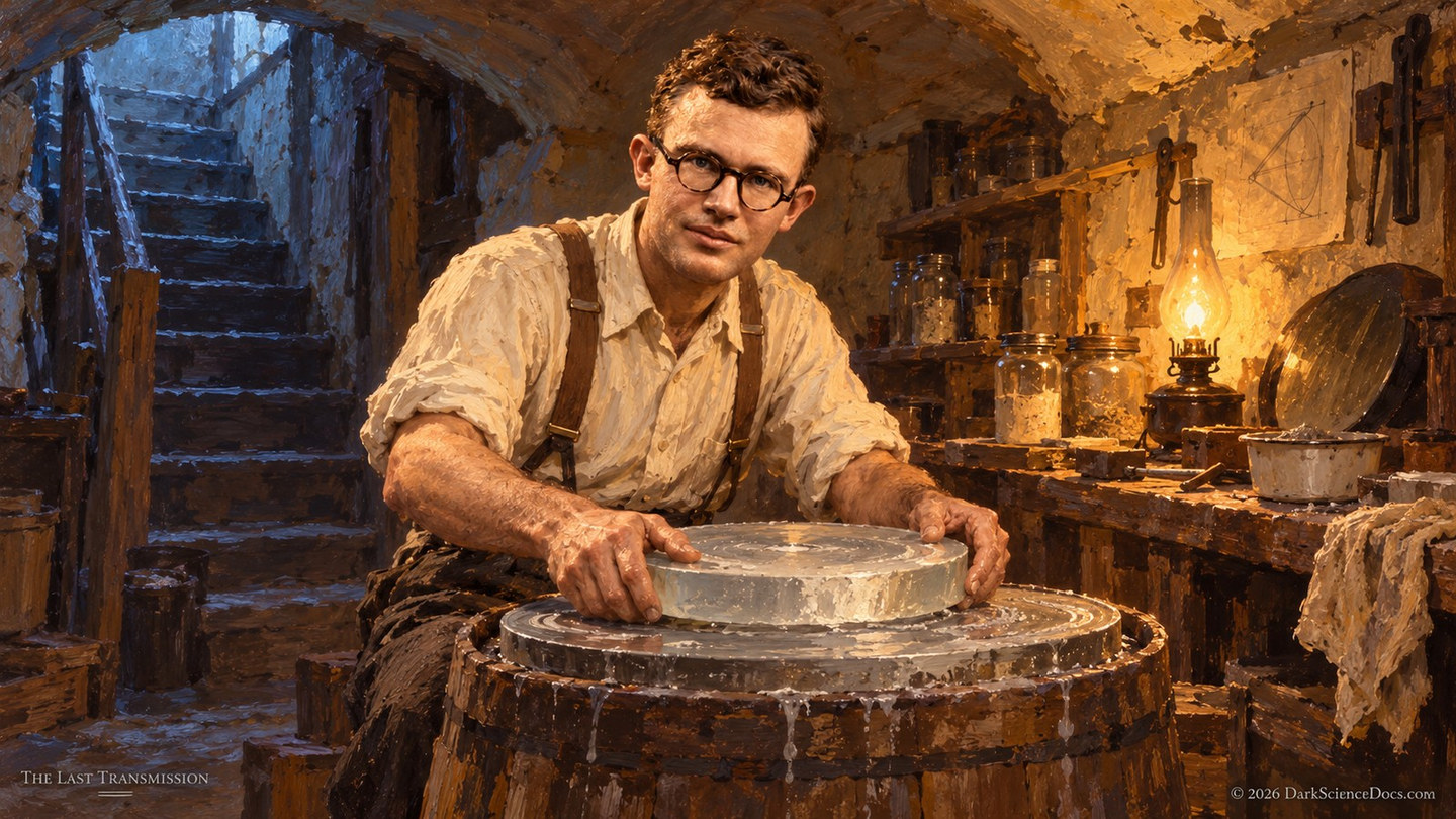 An illustrated reconstruction of young Clyde shaping a telescope mirror. His handmade instruments helped develop the observational skills that took him to Lowell Observatory.