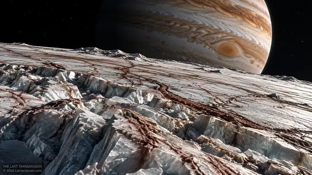 Conceptual Europa ice terrain with ridges, bands, and disrupted regions