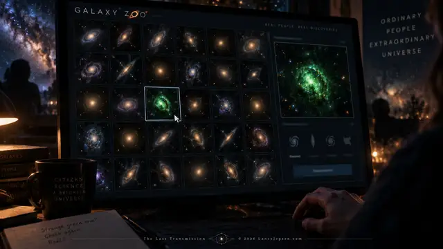 Conceptual volunteer noticing a tiny green galaxy in a sky survey image
