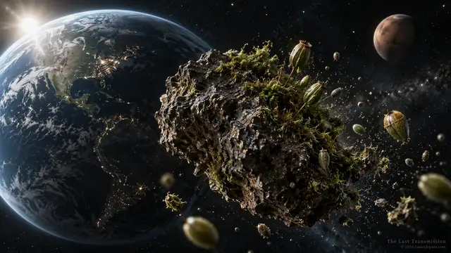 Conceptual dormant moss spores sheltered in rocky debris between planets