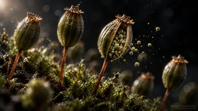 Conceptual cutaway of a moss sporangium surrounding dormant spores