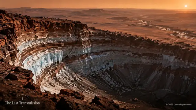 Conceptual cutaway of layered ice beneath a Martian landscape