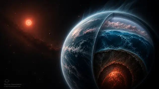 Conceptual cutaway of LHS 1140 b with atmosphere, deep water-rich layer, and rock