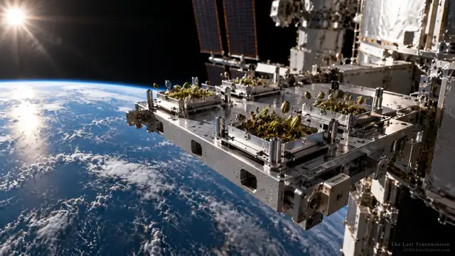 Conceptual moss samples mounted outside an orbital laboratory
