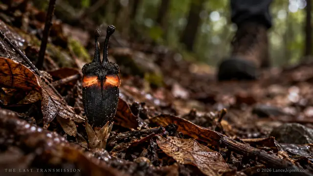 Small dark forest flower near a distant human boot in leaf litter