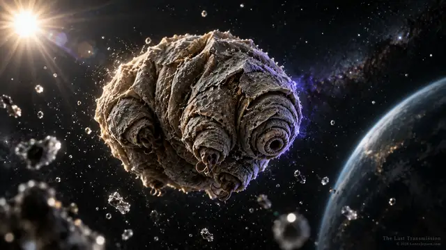 Conceptual dehydrated tardigrade exposed to a harsh space environment