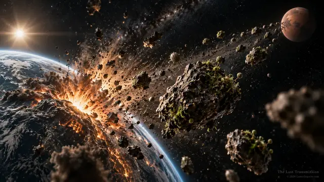 Imagined rock fragments leaving Earth after an impact on a trajectory toward Mars