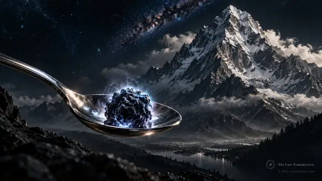 Conceptual teaspoon and mountain used to compare nuclear-scale density