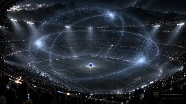 Conceptual stadium-sized atom with a tiny central nucleus and broad electron cloud